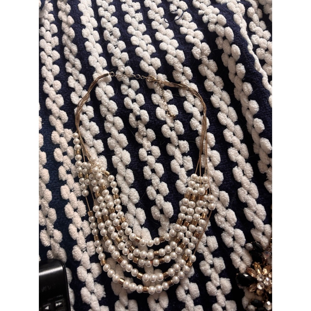 Vintage Faux Pearl Gold Tone 5 Strand Chain Collar Necklace Mod Hollywood Glam
